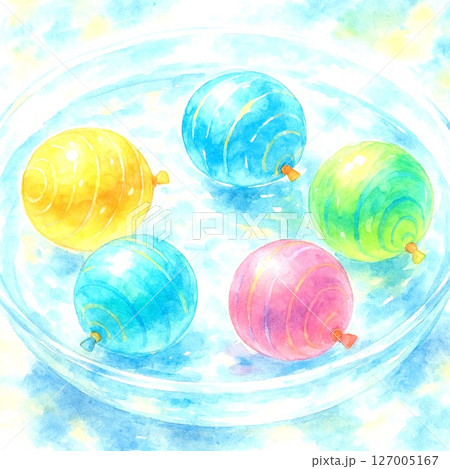 夏イメージ小物イラスト水に浮かぶカラフルな水ヨーヨー 127005167