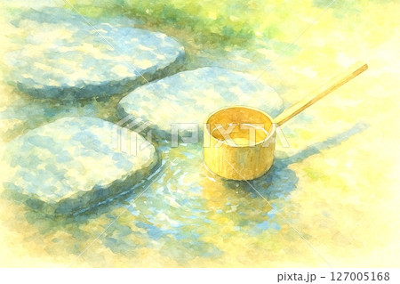 夏イメージ小物イラスト水彩画風庭石に打ち水 127005168