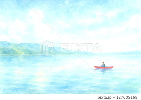 夏イメージイラスト広々とした湖で赤いカヌーを漕ぐ人 127005169