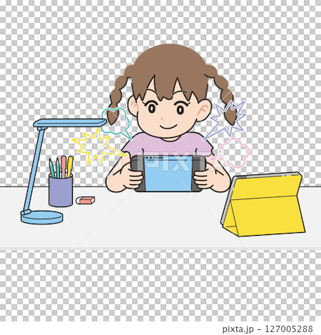 女孩跳過學習和玩遊戲平板電腦學習 127005288