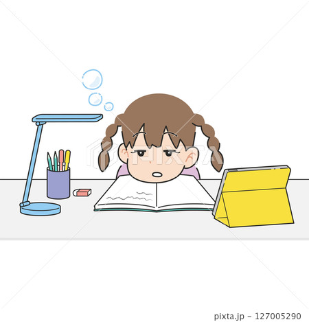 机でタブレットを見ながら勉強する女の子 眠い 机でタブレットを見ながら勉強する女の子 眠い 127005290