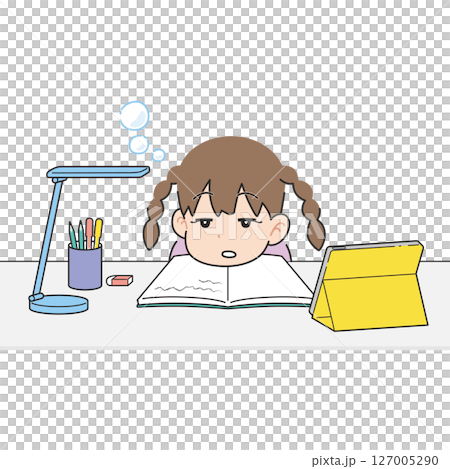 机でタブレットを見ながら勉強する女の子 眠い 机でタブレットを見ながら勉強する女の子 眠い 127005290