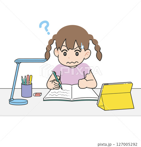 机でタブレットを見ながら勉強する女の子　わからない 127005292