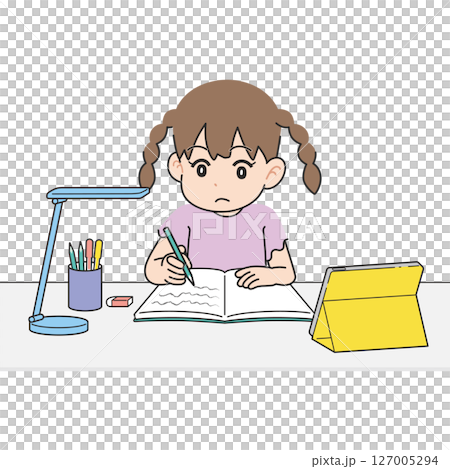 机でタブレットを見ながら勉強する女の子 机でタブレットを見ながら勉強する女の子 127005294
