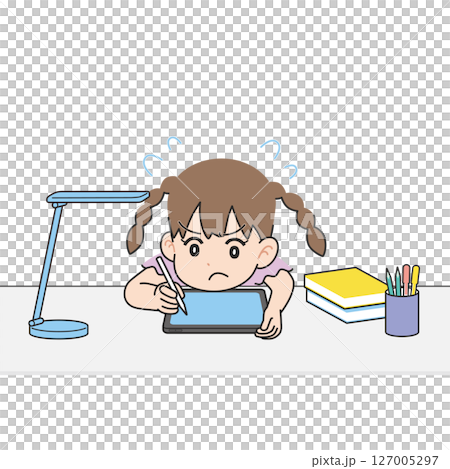 机でタブレット学習する女の子　一所懸命 127005297