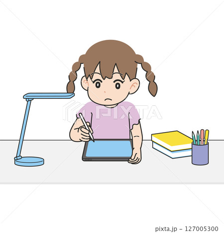 机でタブレット学習する女の子 127005300