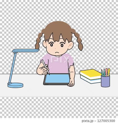 坐在書桌前用平板電腦學習的女孩 127005300