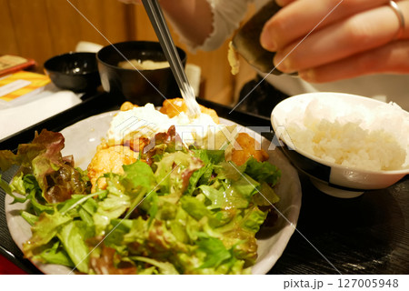チキン南蛮にタルタルソースをかける チキン南蛮にタルタルソースをかける 127005948