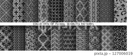 Geometric floral set of seamless patterns. White and black vector backgrounds. Damask graphic ornaments. 127006019