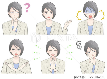 ホワイトスーツ姿のミドル世代ビジネスウーマンのバストアップセットイラスト 127006299
