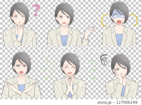 ホワイトスーツ姿のミドル世代ビジネスウーマンのバストアップセットイラスト 127006299