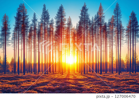 Serene Rays of Sunlight Piercing Through Trees in a Lush Green Forest at Sunrise 127006470