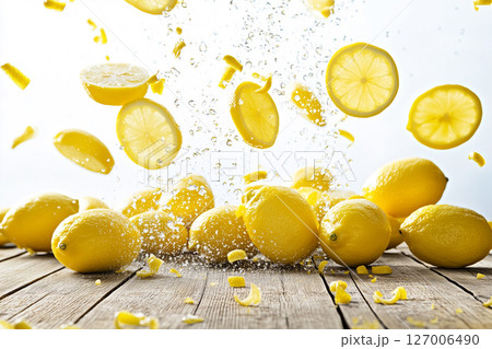 Fresh Lemon Slices Falling on Rustic Wooden Table with Water Splash Background Fresh Lemon Slices Falling on Rustic Wooden Table with Water Splash Background 127006490