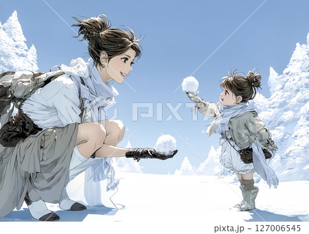 冬の公園で雪玉をママにプレゼントする子供と母親のイラスト素材 127006545