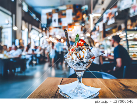 カフェで用意された山盛りのフローズンヨーグルトのイメージ素材 カフェで用意された山盛りのフローズンヨーグルトのイメージ素材 127006546