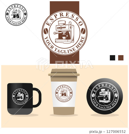 Coffee shop logo, Espresso coffee machine logo template, Coffee machine equipment vector, Retro badge coffee bean and machine logo vector design 127006552