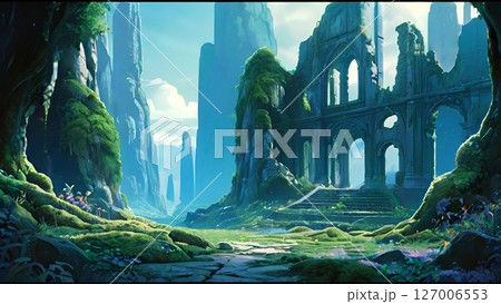 ゲーム背景　ファンタジーワールドの古代遺跡がある峡谷 127006553