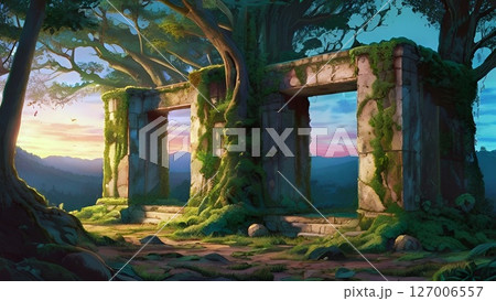ゲーム背景　朝焼けの中の古代文明遺跡 127006557