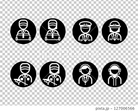 四角いシンプルなモノクロ白抜き職業イラストアイコンセット（配達スタッフ・警察官・給油スタッフ・コール 127006566