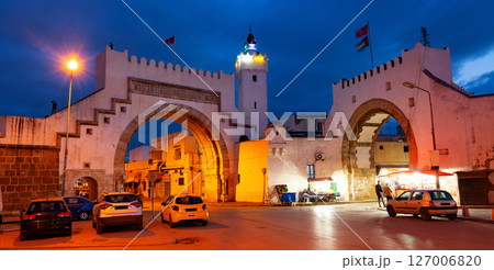 Twilight scene at Bab El Khadra and Mosque Barrek Jmel in Tunis 127006820