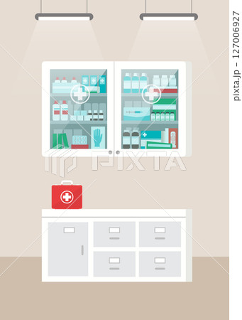 Pharmacy with medicines flat style stock illustration 127006927