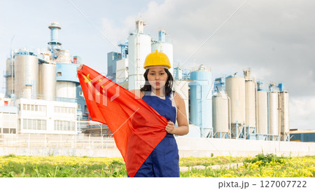 Worried asian girl in work clothes and hardhat with flag of china standing in front of industrial scenery 127007722