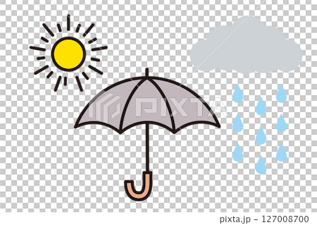 シンプルな太陽と傘と雨粒と雲 127008700
