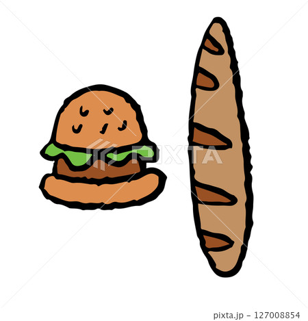 Hand drawn illustrations of bread loaf and burger for food, junk food, decoration, snack, bakery, pastry, cafe, restaurant, menu, recipe, coffee shop, cook book, cuisine, children, stickers, cartoon 127008854