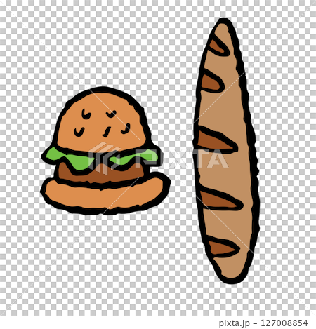 Hand drawn illustrations of bread loaf and burger for food, junk food, decoration, snack, bakery, pastry, cafe, restaurant, menu, recipe, coffee shop, cook book, cuisine, children, stickers, cartoon 127008854