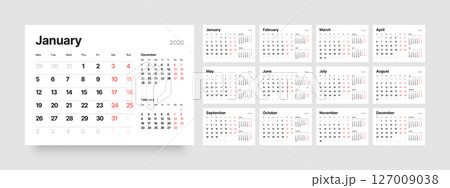 Monthly calendar layout for 2026. Planner diary. 127009038