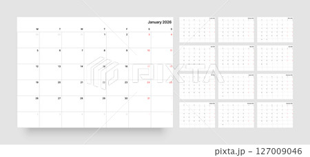 Monthly calendar layout for 2026. Planner diary. 127009046