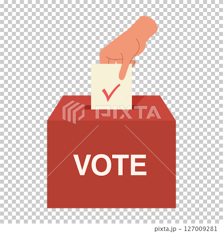 選挙投票のアイコン。投票用紙を赤い投票箱に入れている選挙のイラスト。 選挙投票のアイコン。投票用紙を赤い投票箱に入れている選挙のイラスト。 127009281