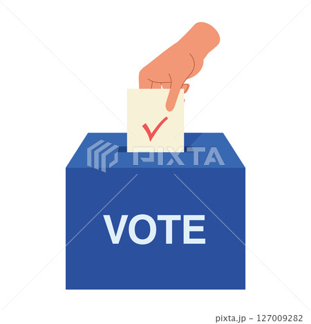 選挙投票のアイコン。投票用紙を青い投票箱に入れている選挙のイラスト。 127009282