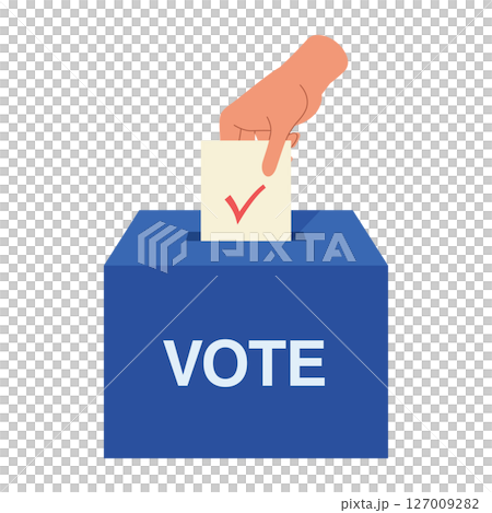 選舉投票圖示。選舉插圖顯示一個人將選票放入藍色投票箱。 127009282