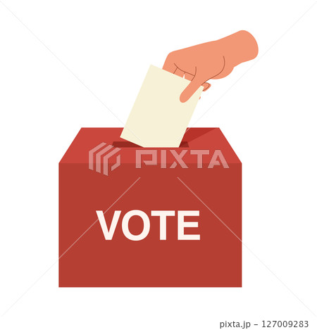 選挙投票のアイコン。投票用紙を赤い投票箱に入れている選挙のイラスト。 127009283