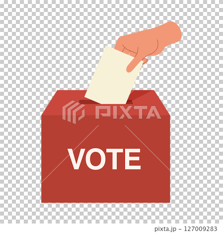 選挙投票のアイコン。投票用紙を赤い投票箱に入れている選挙のイラスト。 127009283