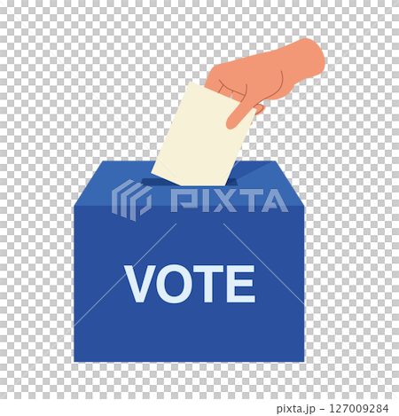 選舉投票圖示。選舉插圖顯示一個人將選票放入藍色投票箱。 選舉投票圖示。選舉插圖顯示一個人將選票放入藍色投票箱。 127009284