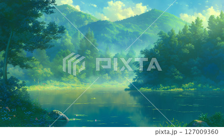 新緑の森の池の風景、アニメ風 127009360