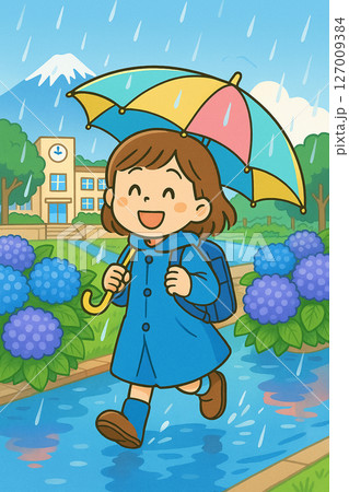 雨の日に元気に登校する女の子（ハンナ）のイラスト 127009384