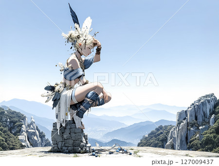 山頂で休憩するハヤブサの妖精のイラスト素材 山頂で休憩するハヤブサの妖精のイラスト素材 127009437