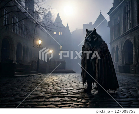 霧深い村広場を駆け抜けるワーウルフB 127009755