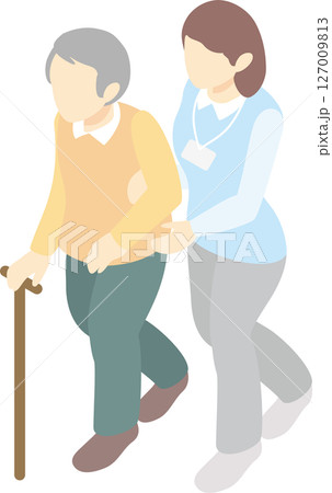 アイソメトリック　介護　福祉　医療　人物　男性　女性　看護師　介護福祉士　シニア　高齢者　イラスト 127009813