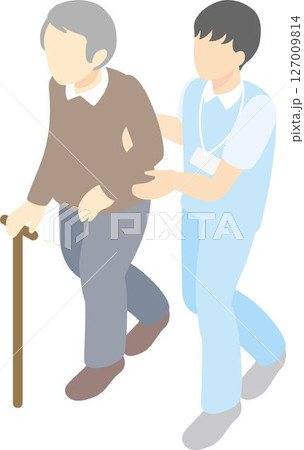 アイソメトリック　介護　福祉　医療　人物　男性　看護師　介護福祉士　シニア　高齢者　イラスト 127009814