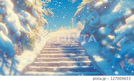 雪が積もった階段の風景、アニメ風 雪が積もった階段の風景、アニメ風 127009833