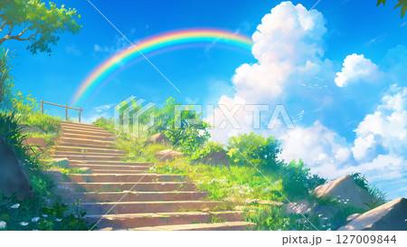 虹がみえる丘の階段の風景、アニメ風 127009844