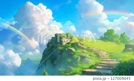 虹が出る崖の階段の風景、アニメ風 127009845