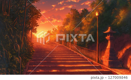 夕焼けの街の階段の風景、アニメ風 127009846