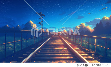 朝の日差しの線路の風景、アニメ風 127009992