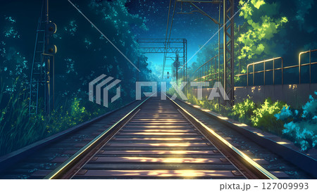 夜の森を行く線路の風景、アニメ風 127009993