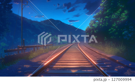 深夜の線路の風景、アニメ風 127009994